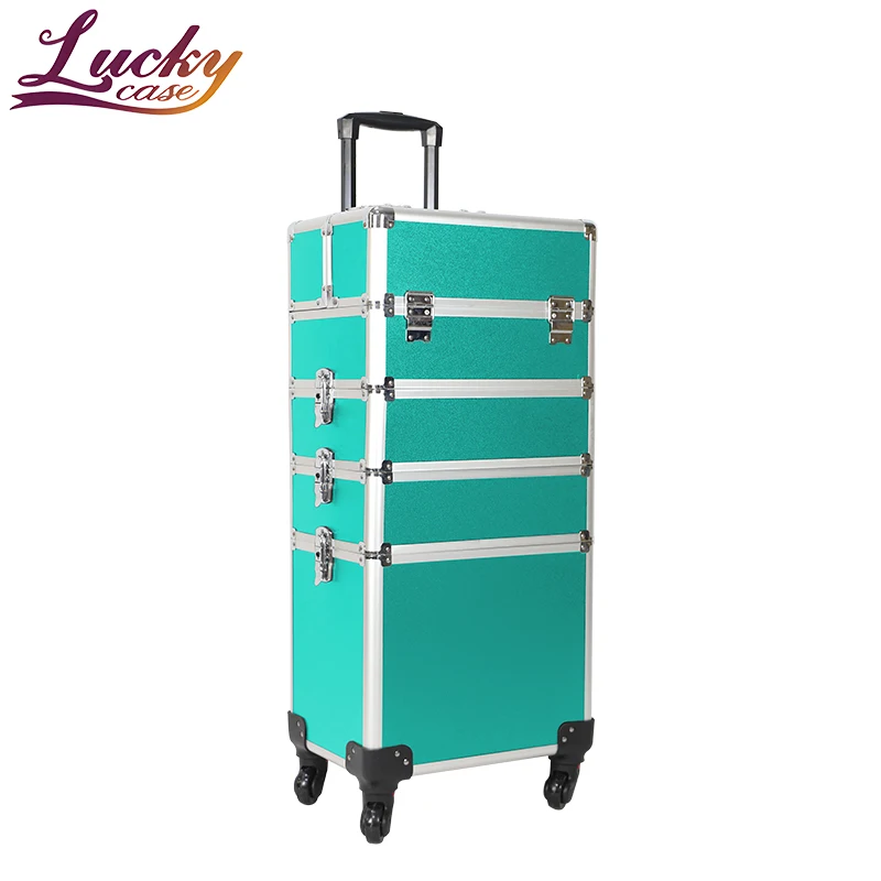 universal wheel 4 in 1 professional aluminum makeup train box detachable cosmetics cosmetic case with shoulder strap