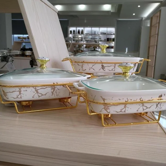 L4145A hot sale porcelain dinner sets chaffer ceramic bowl with gold color steel stand