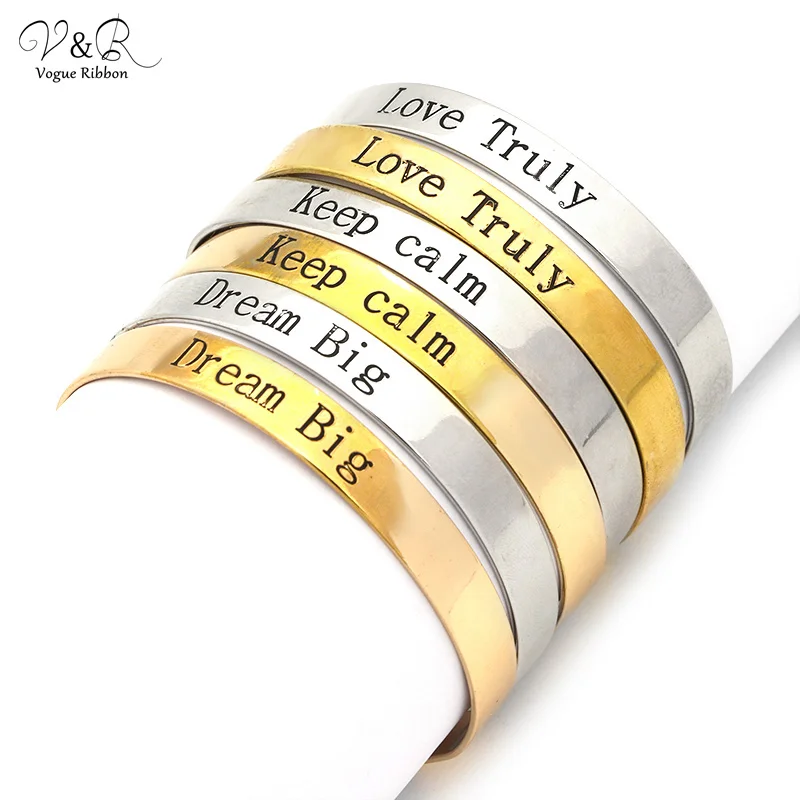 V&R OEM Rhodium Personalized Alphabet Letter Engraved Open Man Gold Plated Cuff Bangle Bracelet For Women