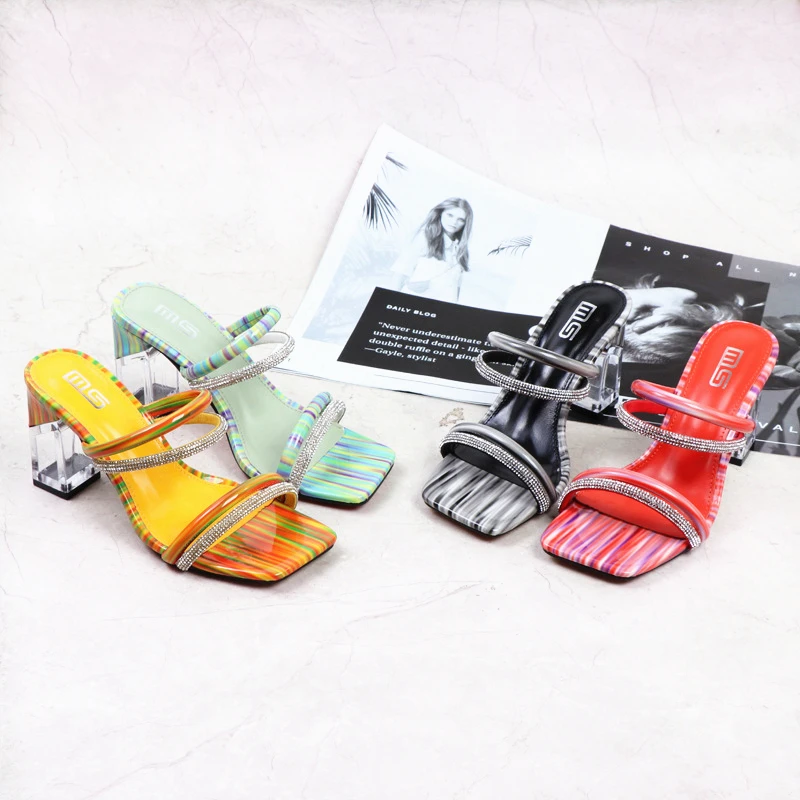 
2021 high heels slippers Open Toe Rhinestone Strap Clear Chunky Pumps Block Heels Shoes Heels Sandals Shoes for Ladies 