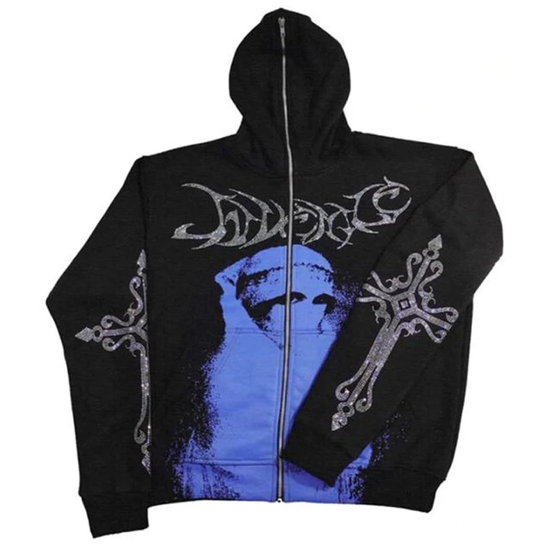 Custom High Quality Rhinestone Skull Purple Printed Streetwear Oversized Cotton Casual Zip Up Goth Jacket Hoodies For Men