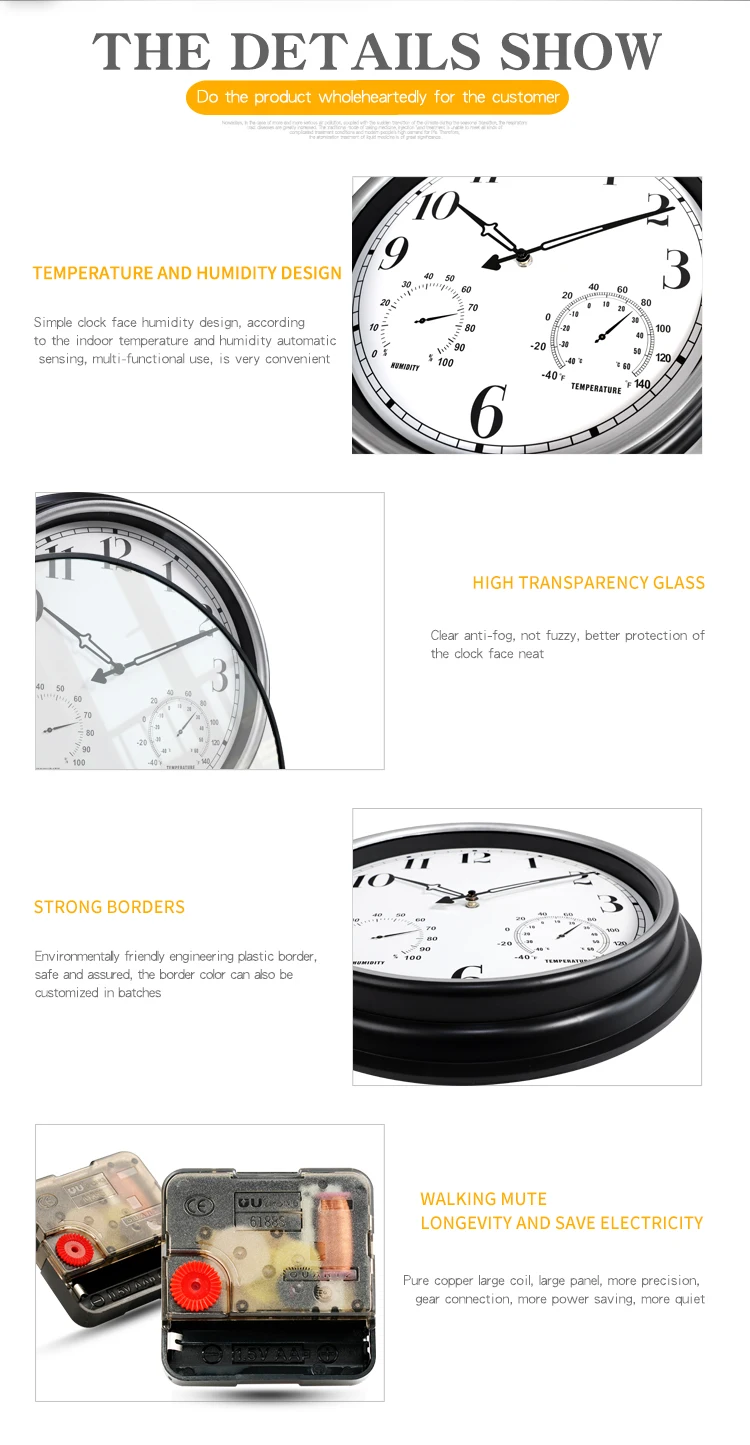 16-Inch Custom Antique Outdoor Waterproof Wall Clock ABS Plastic Wood Temperature Humidity Display Quartz Movement Silent