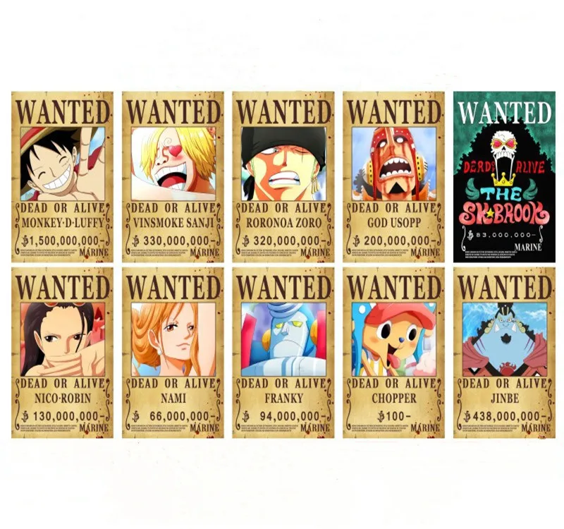 One Piece Anime Poster Luffy 1,500,000,000 Prize Money Wanted Poster Japanese Anime Paper Poster (10pcs/set)