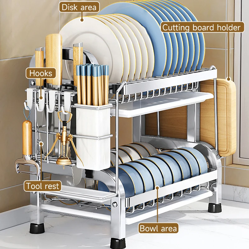 Multipurpose 2 Layer Metal Plate Rack Large Capacity Stainless Steel Storage Dish Drying Racks
