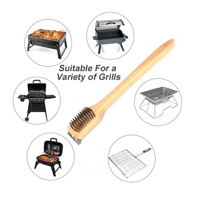 Durable BBQ Tools Stainless Steel Wire Bristle Grill Accessories Scraping Brush With Wood Handle