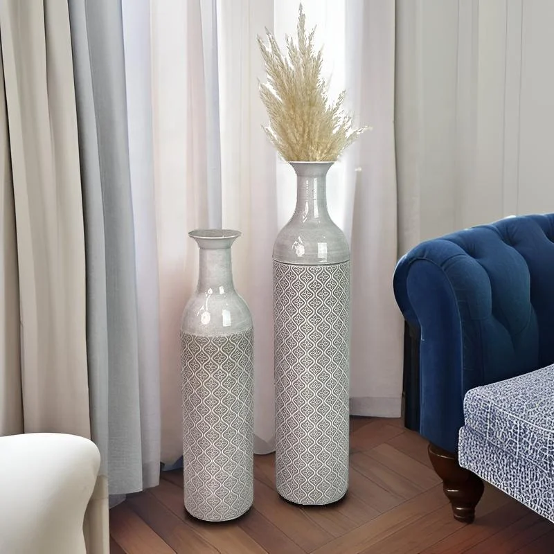 Lander Set of 2 Floor Tall Terra Cotta Texture Metal Flower Vase for Living Room