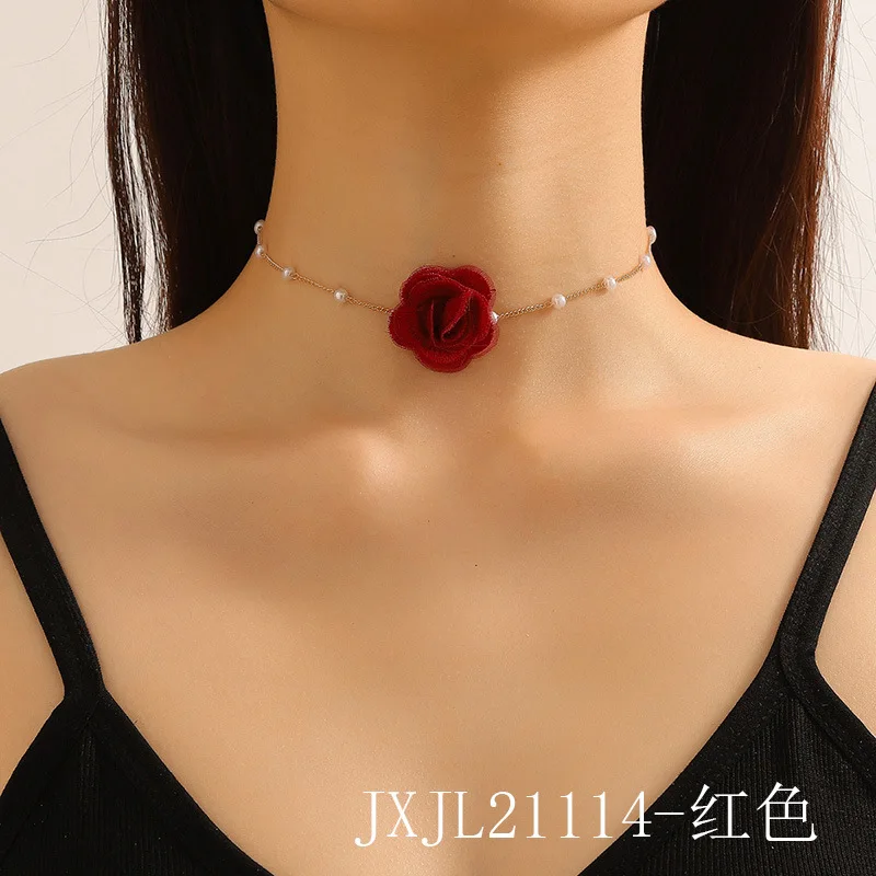 Hoyon Colorful Flower Rosette Choker Gold Plated Satellite Bead Necklace Elegant Flower Choker Necklace Fabric Mesh Chiffon Rose