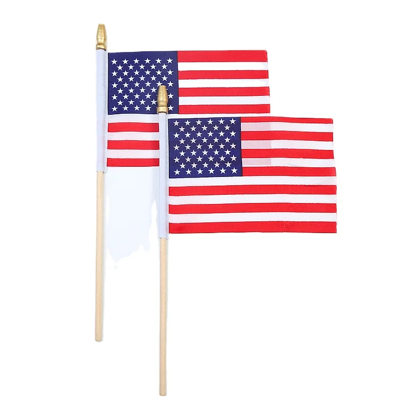 American flag hand waving flag with 25cm wooden pole and gold gun head