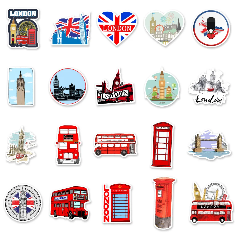50 Pieces British Tourist Scenery Souvenir Sticker Notebook Luggage Scooter Water Cup Graffiti London Bus Decorative Stickers