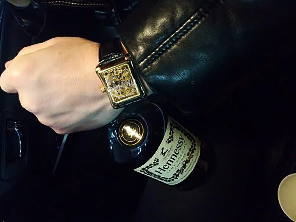 OEM/ODM Winner Watch Retro Casual Series Rectangle Dial Design Golden Pattern Hollow Skeleton Men Top Brand Luxury Mechanical