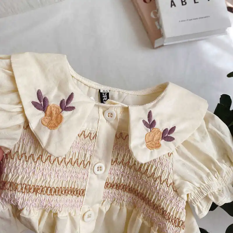 Baby Clothes Summer Kids Bishop Smocked Floral Dress Embroidered Collar Cute Girls Casual Dresses
