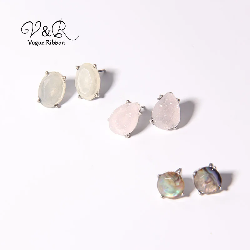 V&R Jewelry xupe 3 Pairsset Gioielli Faux Sea Shell Gemstone Drusy Effected Assorted Cute Basic Earring Set