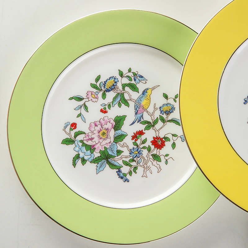European bone china dish plate flower and bird pattern plate 8 /10 inch snack plate porcelain breakfast disc
