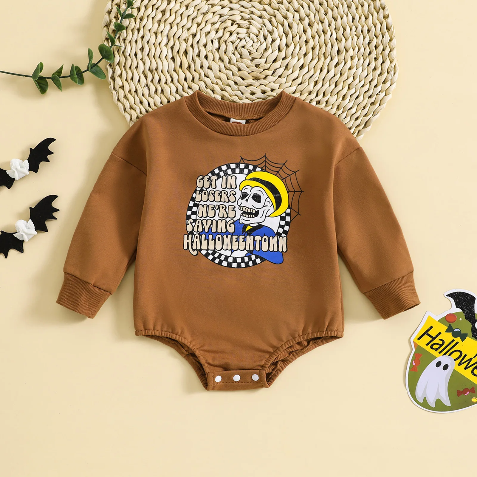 INS Halloween Autumn Unisex Letter Print Color Blocked Sleeve Romper Hooded Baby Jumpsuit Newborn Baby Clothes Cotton