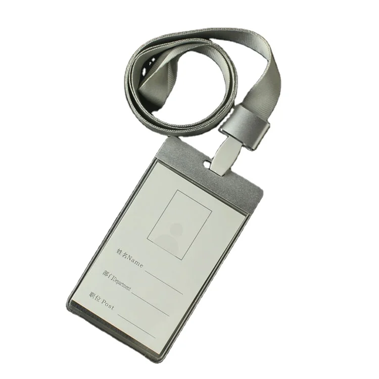 Vertical clear acrylic photo id badges with metal slot cover with strap