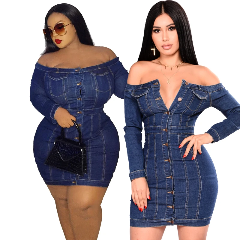 
Visualize 2021 Best Selling Modern Clothes Plus Size Elasticity Bodycon Off Shoulder Denim Women Plus Size Dress 
