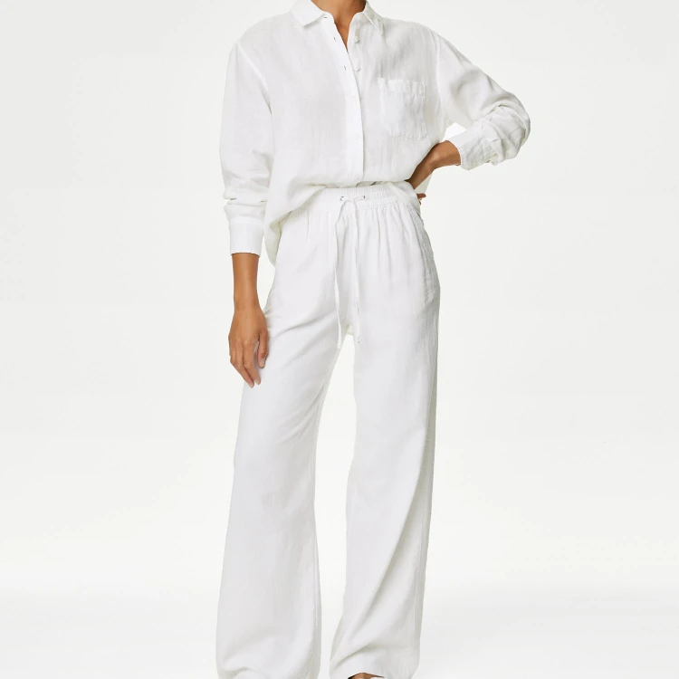 Factory Custom Linen A whole set Pure Shirt for Women white shirt and pants suit Beach casual Shirt