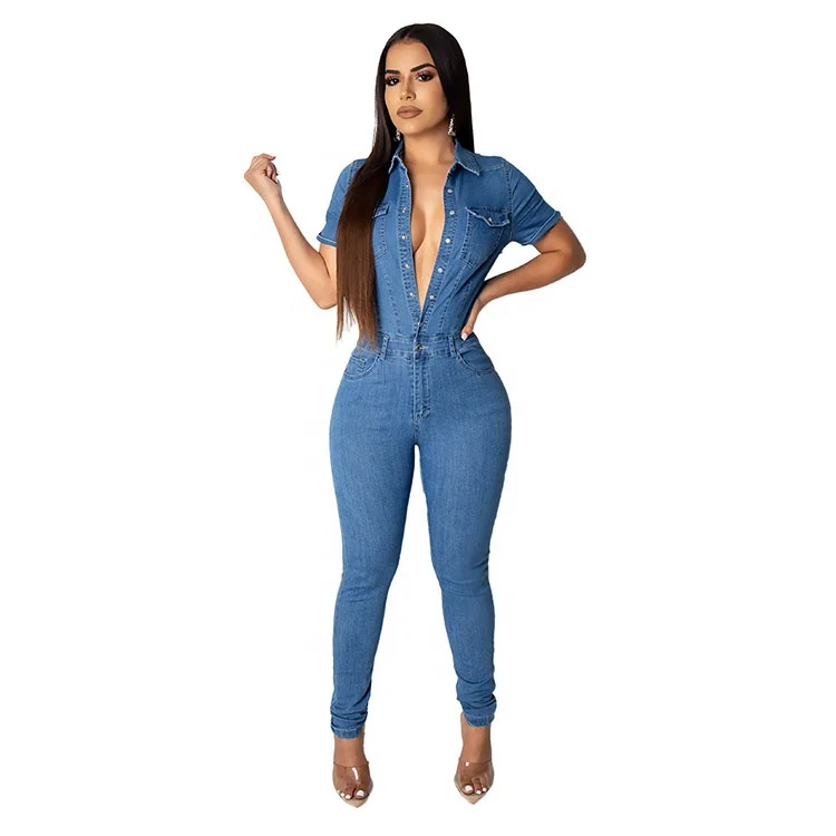 D2323 Amazon Product High Quality Popular Summer Casual Solid Color Short Sleeve Long Jeans Buttons Women Denim Jumpsuit