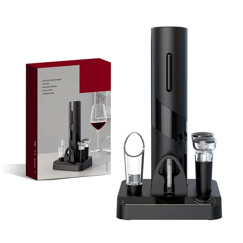 Electric automatic 5 in one wine opener set for wine opening pouring and preserving black plastic bottle opener