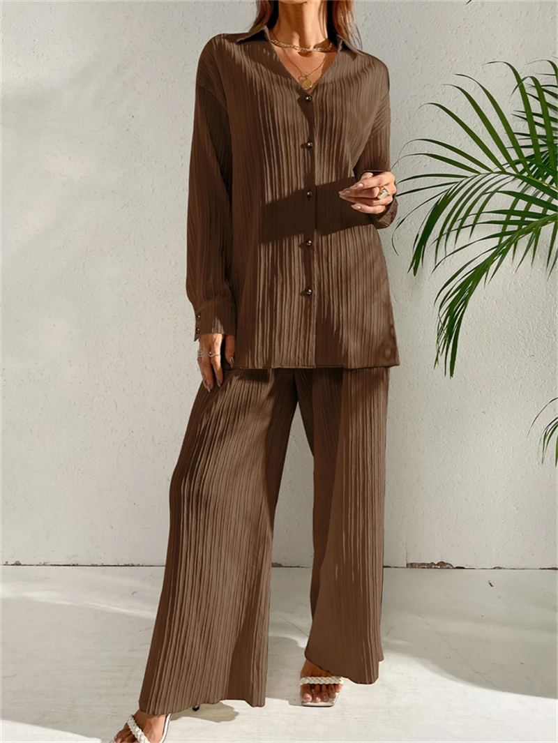 2023 S-XL  dois ternos costume de femme  pleated long sleeve  shirt trousers two-piece suit