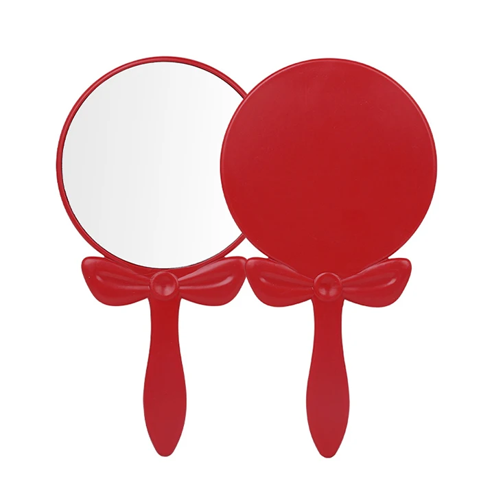 custom design women portable compact circle handheld glass mirror handle makeup mirror with red frame for bedroom