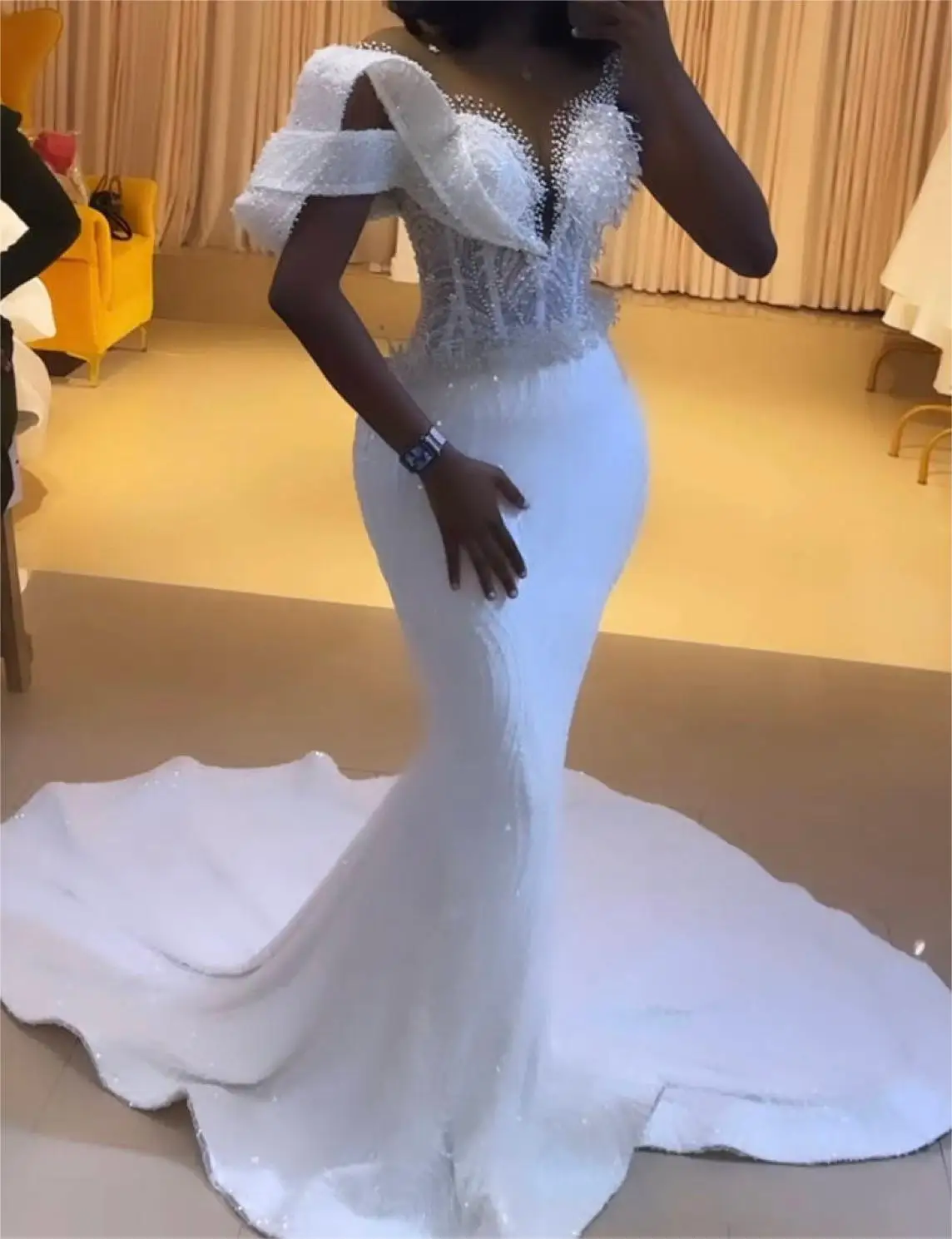 Mermaid Wedding Dress Sexy Flare Lace Wedding Gown With Train Off Shoulder Arabic Ruffle Wedding Dress Bride Dress