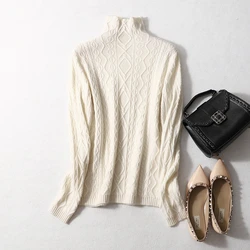 Модный зимний женский вязаный жаккардовый свитер с высоким воротником из 35% кашемира и 65% мериносовой шерсти