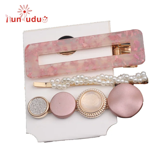 New 3PCS/Set Fashion Pearls Acetate Geometric Hair Clips Sweet Hairpins Barrettes Hair Accessories Set for women and girls