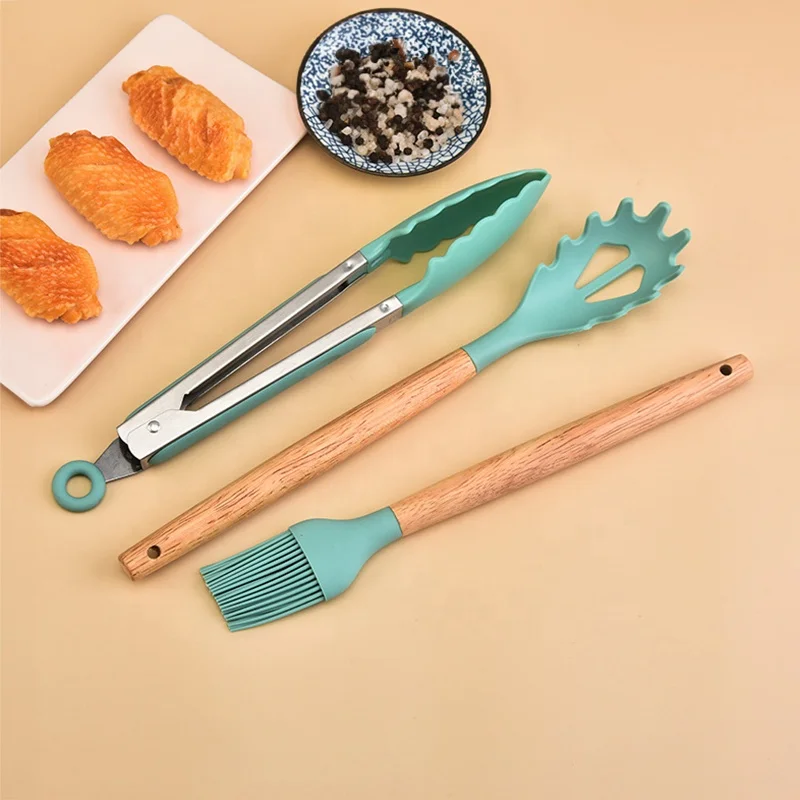 Multi-Functional 12Pcs Silicone Kitchen Utensils Set Wooden Handle Cooking Utensil Spatula Set