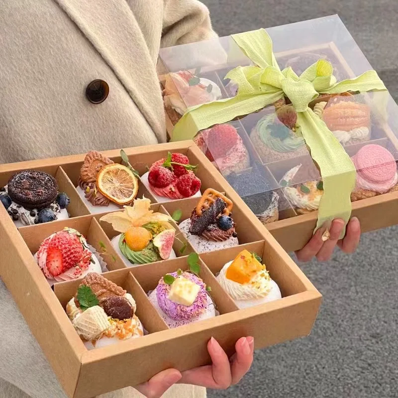 IMEE Wholesale Clear Lid Kraft 6 9 Compartment Afternoon Tea Box Biscuit Cake Cupcake Box Pastries Bakery Snack Dessert Box