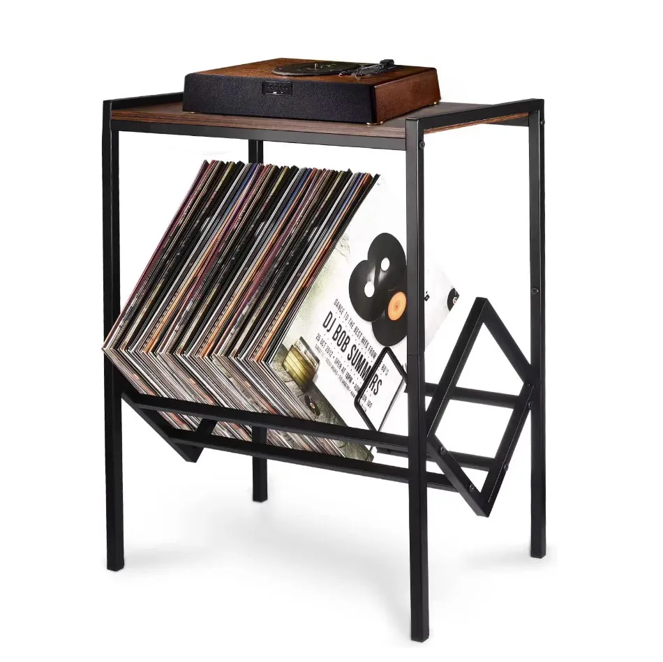 Metal Iron Wood Phonograph Storage Rack Vintage Vinyl Cabinet Shelf Record Player Stand