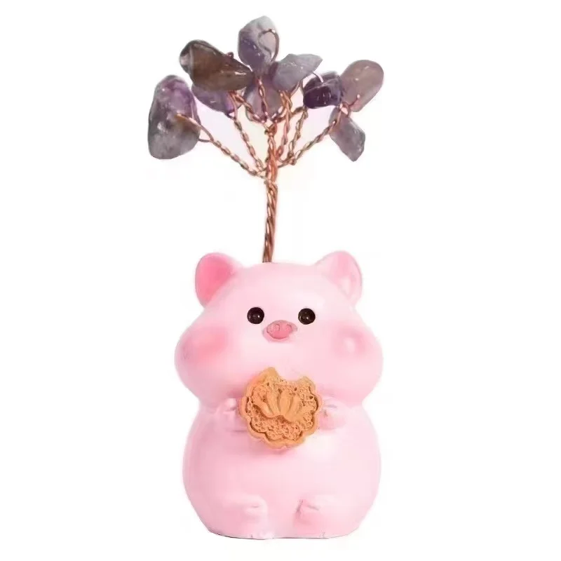 12 Zodiac Crystal Amethyst Lucky Tree with Cartoon Animal Base Money Tree Fengshui