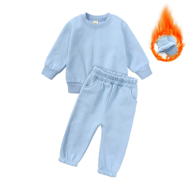 Autumn Winter Baby Infant Kids Boys Girls Solid Color Cotton Sweatshirt Sweatpants Hoodie Thick Clothes Toddler Clothing Set