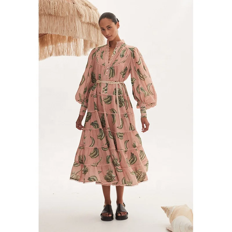 Women printing Bodice yoke pin tucking  Balloon sleeve with cuff Skirt with tiered hem flounces 100%cotton print midi dress