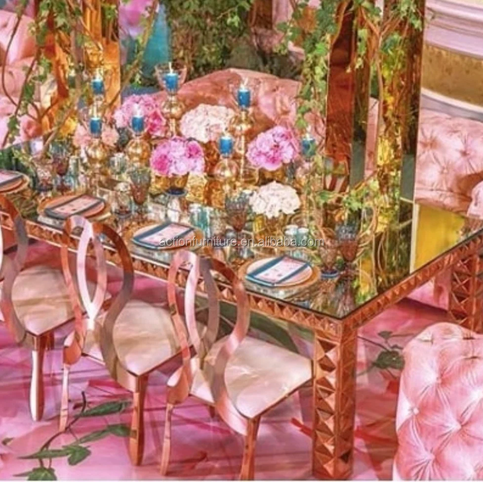 Antique Metal Restaurant Bar Reception Table Counter Table Stainless Steel With Mirror Glass Top Wedding Bar Table And Chairs
