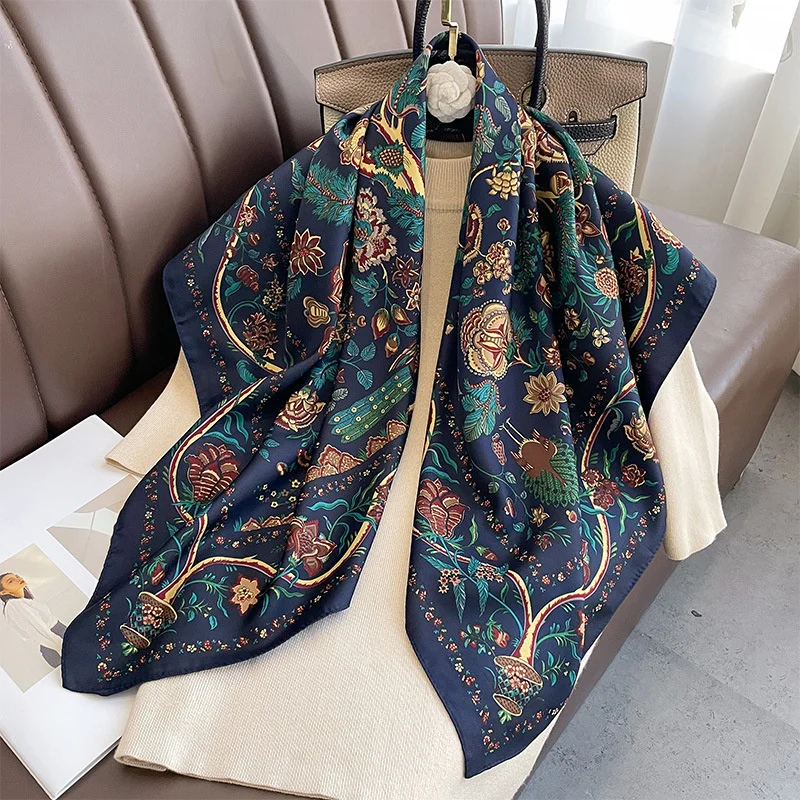 Wholesale Designer 90*90cm Muslim Hijab Headband Custom Square Shawl Foulard Luxury Brand Silk Scarves For Women