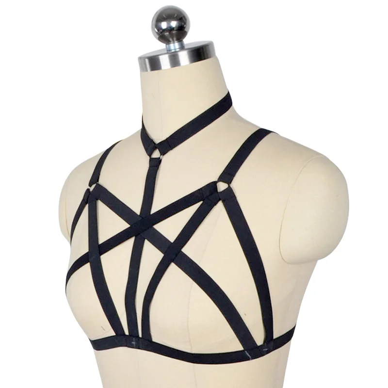 2023 Womens Black Cupless sexy harness bra Halter Strappy Body Caged Bra freesize garter