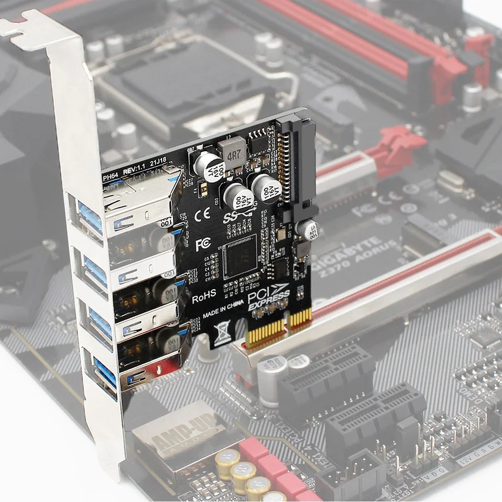 FEICHAO 5Gbps PCI Express Expansion Card Controllers Adapter PCIe to 4Port USB3.0 HUB+SATA 15Pin Power for 2U/4U Case PC Desktop