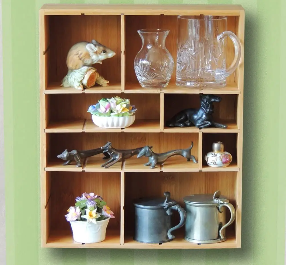 Wooden Spice Rack Shadow Box Adjustable Bamboo Drawer Dividers Organizer for Wall Mount Counter Top Cabinet