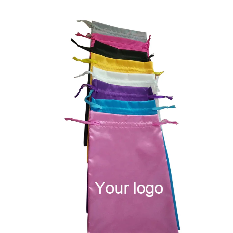 Private label plastic hair wig packing bag,custom logo soft fabric glossy silk stain packaging bag with drawstring for jewelry