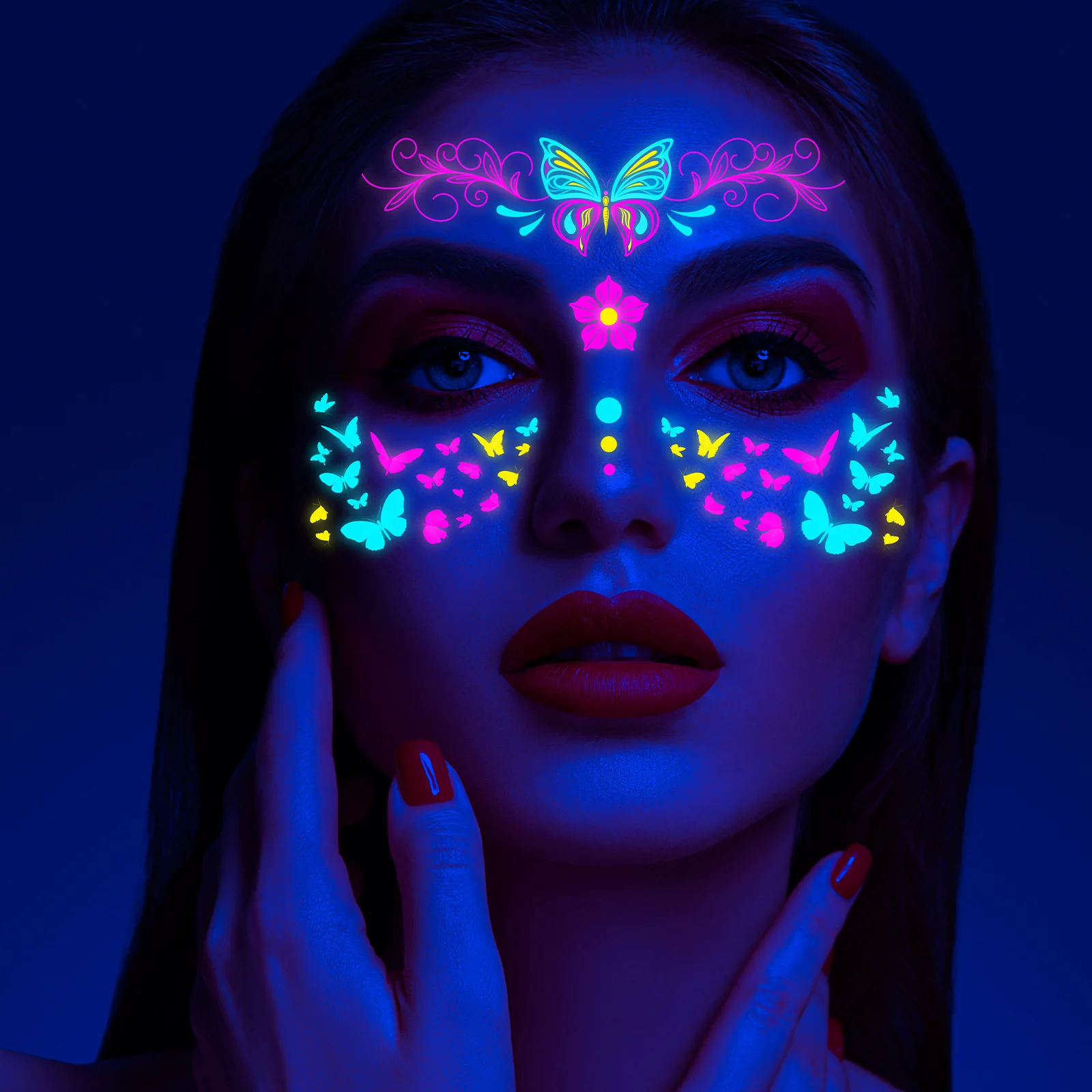 Butterfly Fluorescent Face Body Tattoo Stickers Waterproof Temporary Halloween DiA De Muertos Luminous Stickers