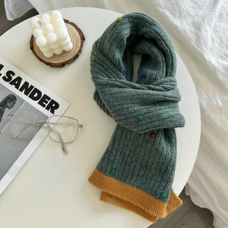 Autumn And Winter Woman Cute Colorful Dotted Plain Knitted Scarves Cashmere Snood Scarf