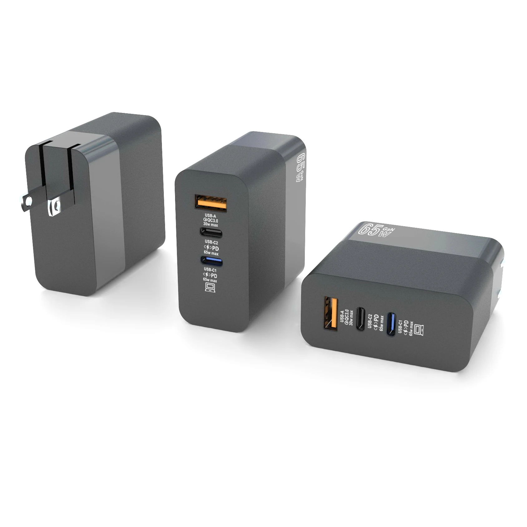 New 65W US EU CE&FCC&RoHS authentication Gallium Nitride GaN Fast Charging GaN 3 USB QC3.0+PD+PD Charger