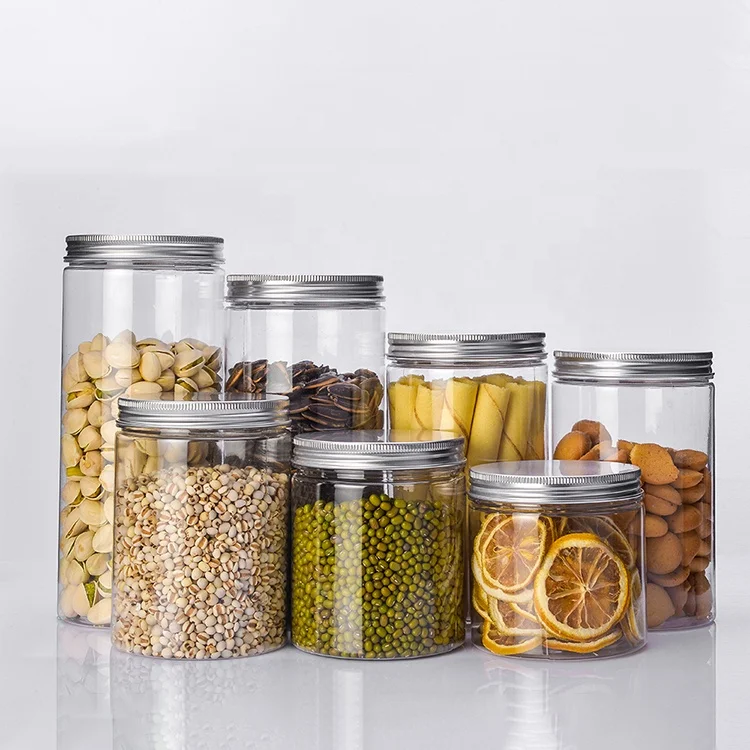 Fuyun Wholesale Food Storage Packing PET Inner Seal Clear Food Plastic Candy Jar with Silver Aluminium Lid