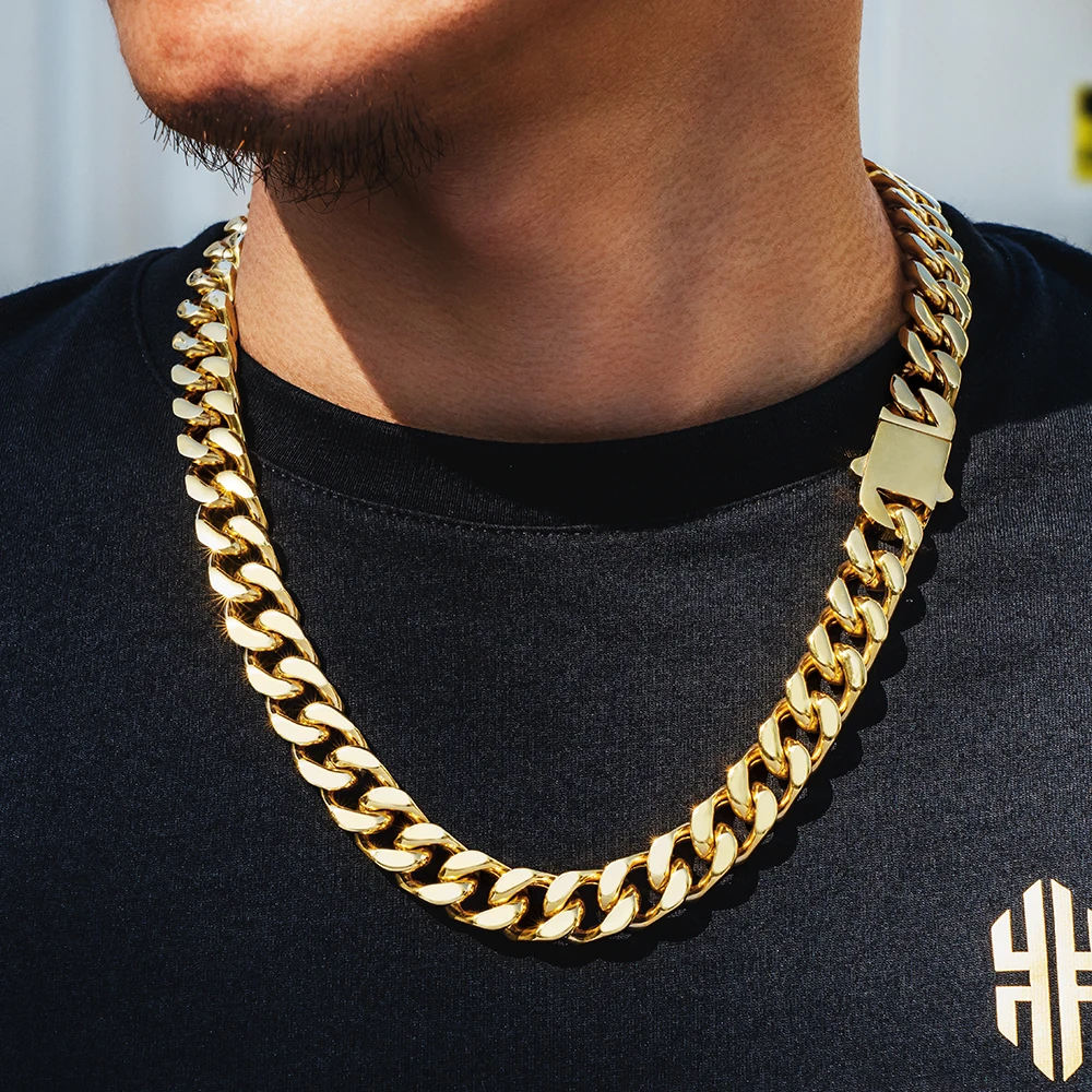 KRKC 2021 Factory 12mm 18k Gold Plated Chunky Necklace High Polished Stainless Steel Miami Flat Curb Cuban Link Chain For Men