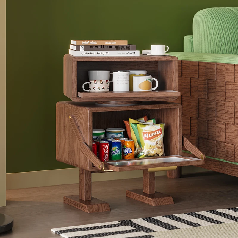 Solid Wood Retro Style Robot Bedside Cabinet with Rattan Small Bedroom Storage Cabinet