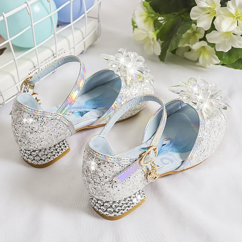 European Style Pink Girls Princess Shoes Bow Children Crystal Shoes Little Girls Shiny Party Dress High Heels