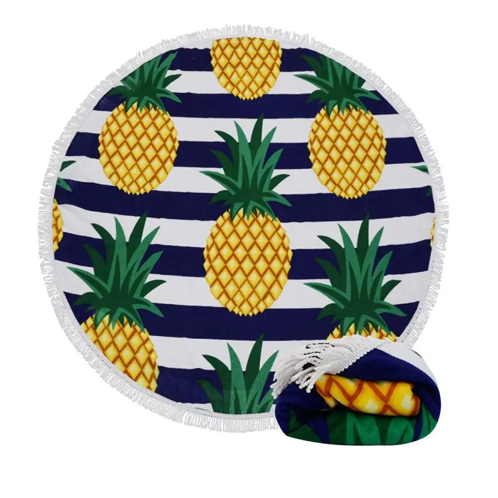 
custom print oversized pineapple fruit round beach towel with tassels 