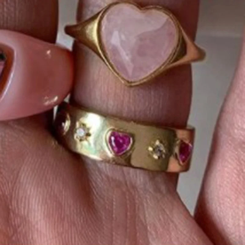 New arrival fashion stainless steel 18K gold plated zircon diamond inlaid red heart star rings women lady girls jewelry