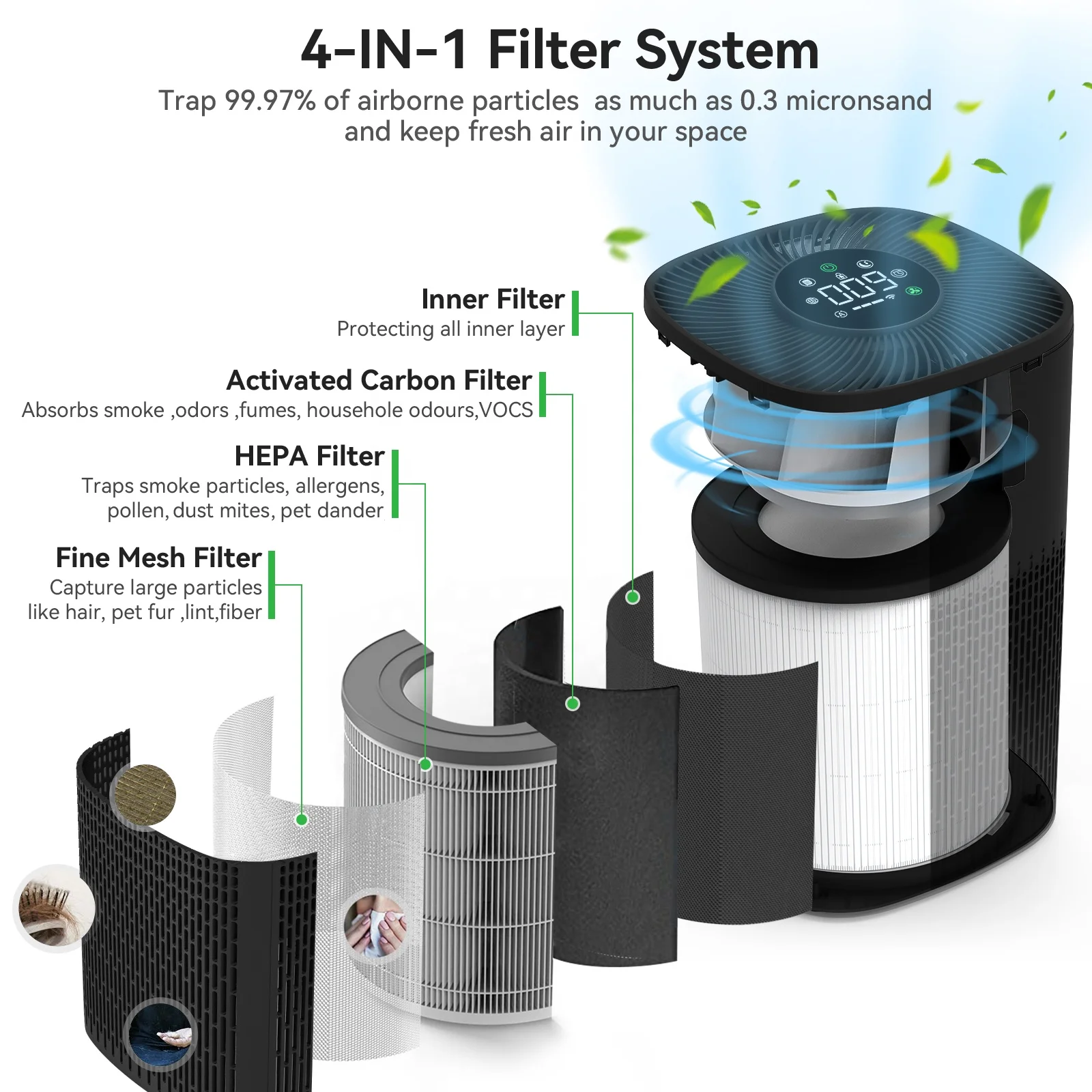 WIFI H12 H13 True Filter Air Cleaner in Bedroom Portable Large Air Purifier For Home Office